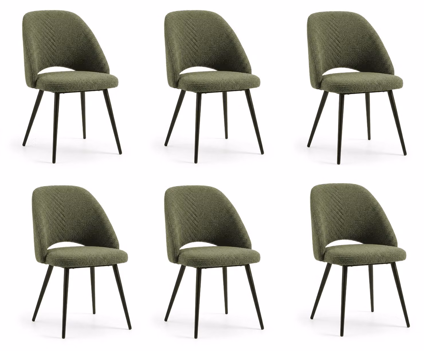 Set di 6 eleganti sedie da pranzo, colore verde oliva, con cuciture decorative ricamate