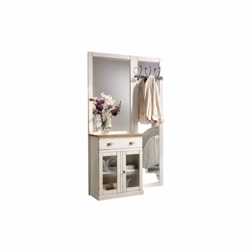 Appendiabiti shabby chic Mobili2g in legno bianco con 2 ante, 1 cassetto e specchio, L: 120 cm, P: 38 cm, H: 200 cm – 2