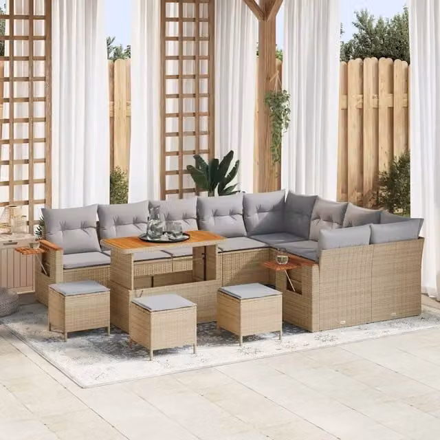 Set Divano da Giardino Moderno vidaXL a Forma di L in Acciaio Verniciato con Cuscini Beige e Grigio, 14 Pezzi