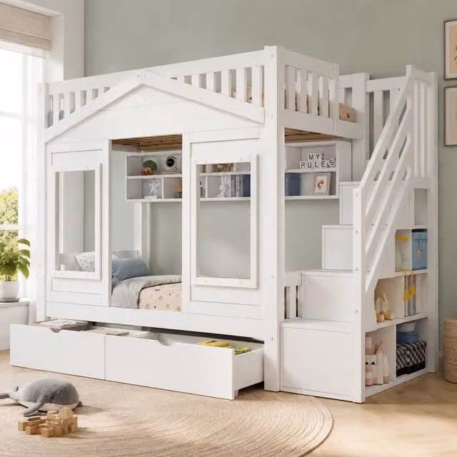 Letto a soppalco per bambini ¨C Minimal ¨C 90x200cm legno massello pino bianco con protezione anticaduta scala contenitore