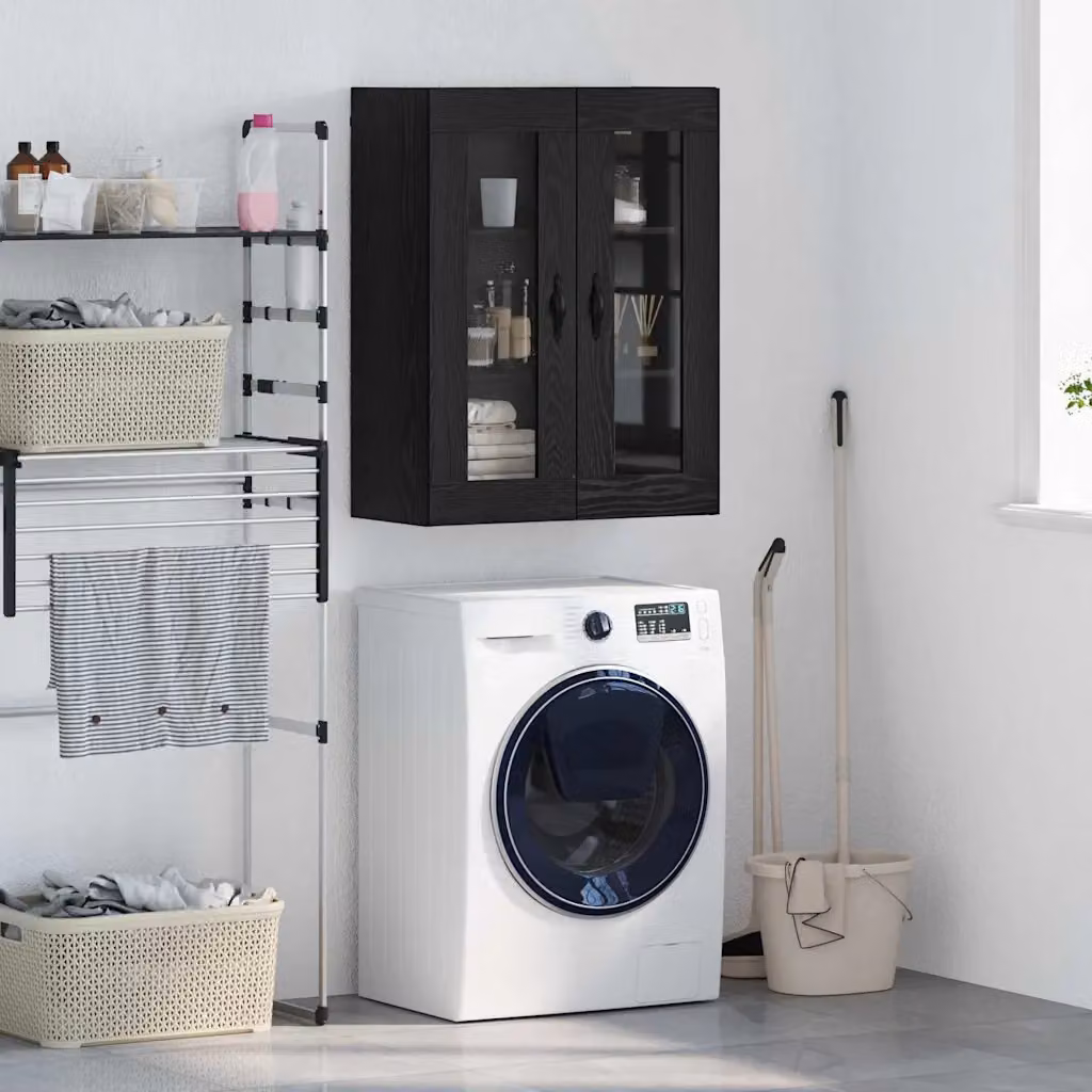 Pensile da parete vidaXL in rovere nero con ante in vetro e ripiani interni, L: 69,5 cm, P: 34 cm, H: 90 cm