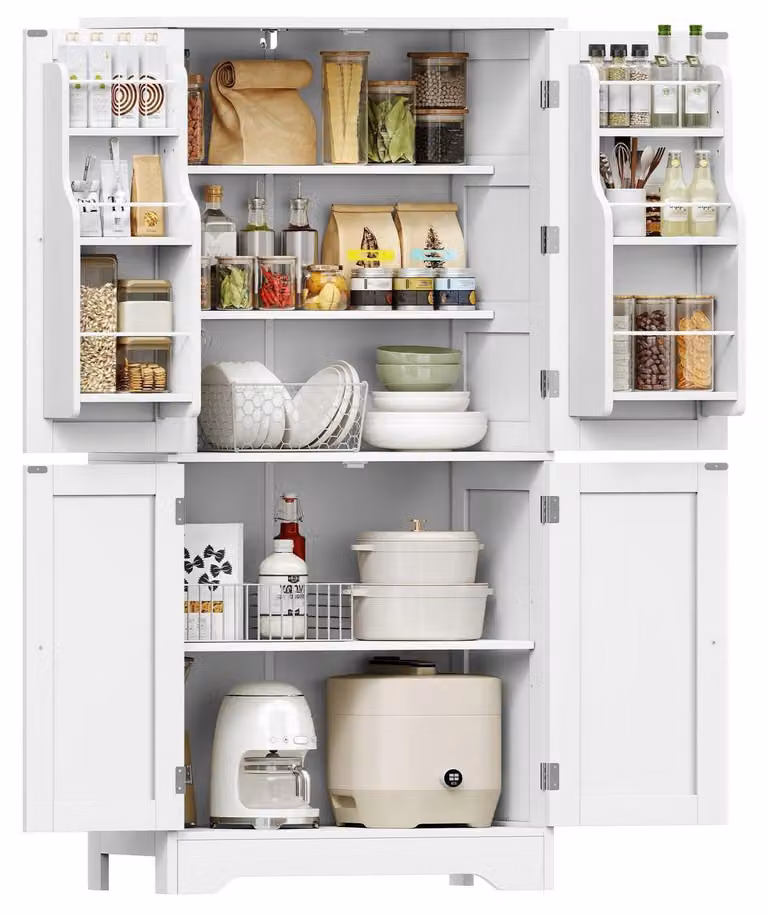 Mobiletto da cucina multifunzione, mobiletto buffet, 4 ante, 6 ripiani, 2 scomparti porta, dimensioni 130x60x30 cm, colore bianco
