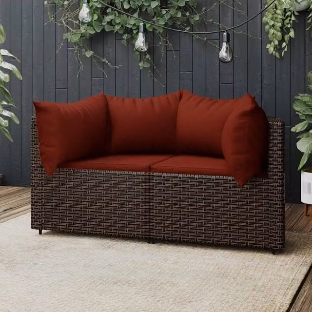Set di divani angolari da giardino vidaXL con cuscini in polyrattan marrone e rosso con struttura in metallo e forma a L con orientamento a sinistra