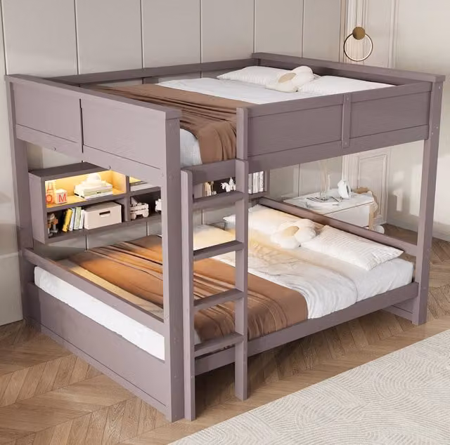 Letto a castello 160x200 cm in pino e MDF con 6 vani contenitori e luce LED; marrone