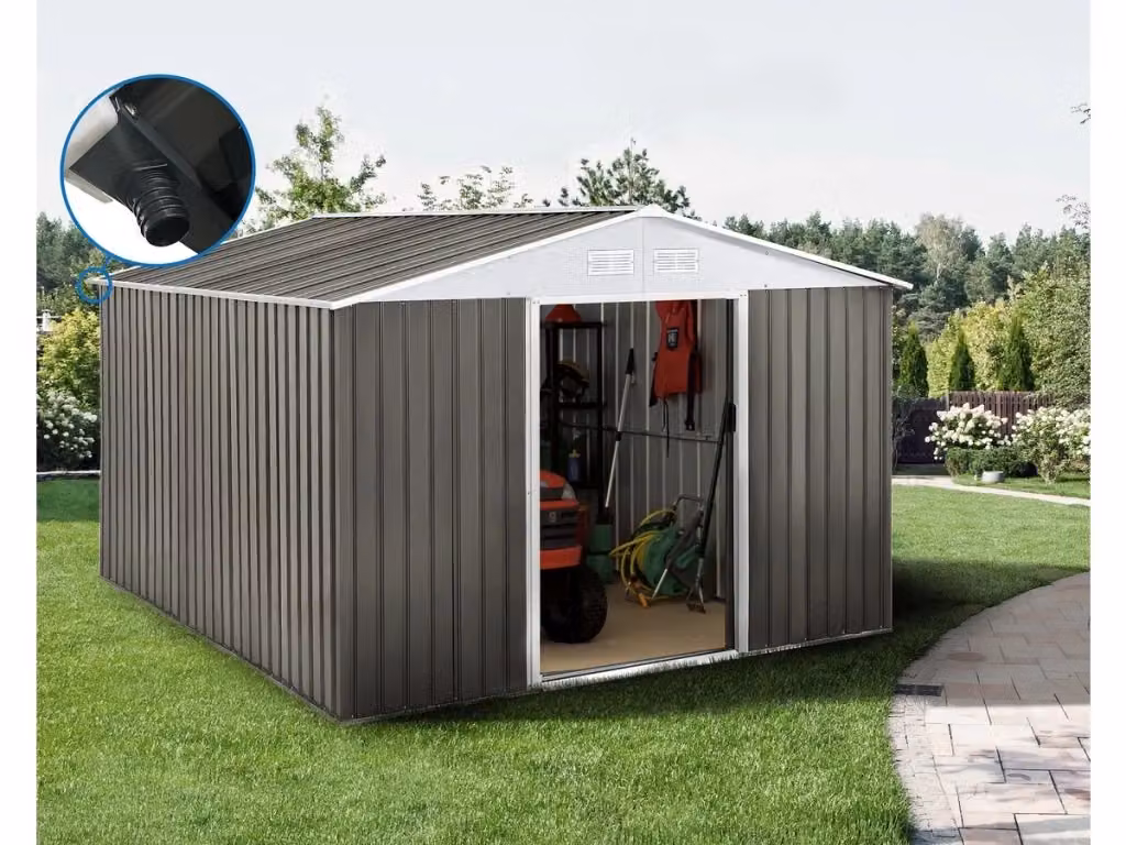 Capanno da giardino in metallo Dallas HABITAT ET JARDIN grigio e bianco con grondaia e porta scorrevole 15,16 m² – 2