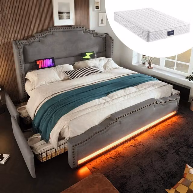 Letto matrimoniale ULEVR 140x200 cm con 4 cassetti, LED, USB e Type-C, materasso incluso, velluto grigio