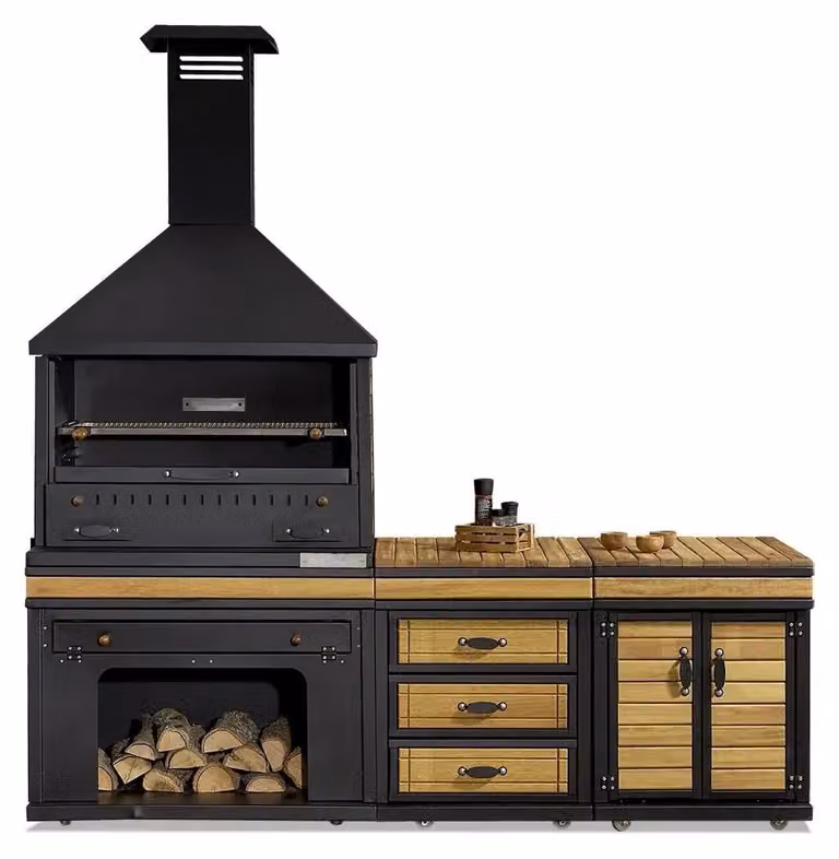 Elegante schwarze Außenküche aus Holz und Edelstahl