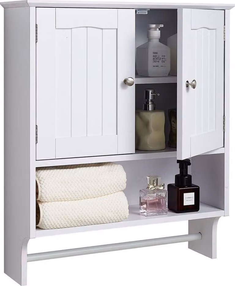 Mobile da bagno a muro, 2 ante e ripiano regolabile, armadietto porta medicinali da appendere sopra il WC, organizer sospeso con divisorio aperto e portasciugamani per lavanderia e cucina, bianco