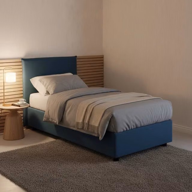 Letto singolo contenitore Argentino di Talamo Italia con rivestimento in tessuto blu, apertura frontale, adatto per materasso 80x190 cm – 1