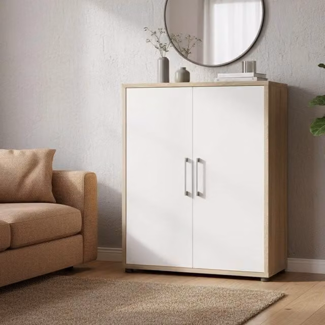 Credenza Warszawa DMORA, Buffet e Madia da Soggiorno o Cucina, Quercia e Bianco, L: 89 cm, P: 40 cm, H: 113 cm