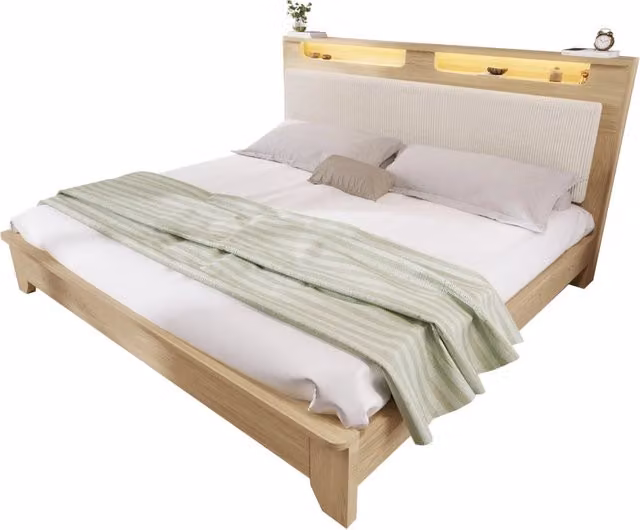 Letto matrimoniale 160x200 cm con testiera contenitore LED; MDF e truciolare; beige