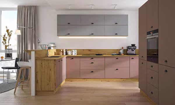 Blocco cucina a L "Bonn AV" 170x310cm estensione parziale rovere artigianale frontale grigio polvere - rame rosato opaco