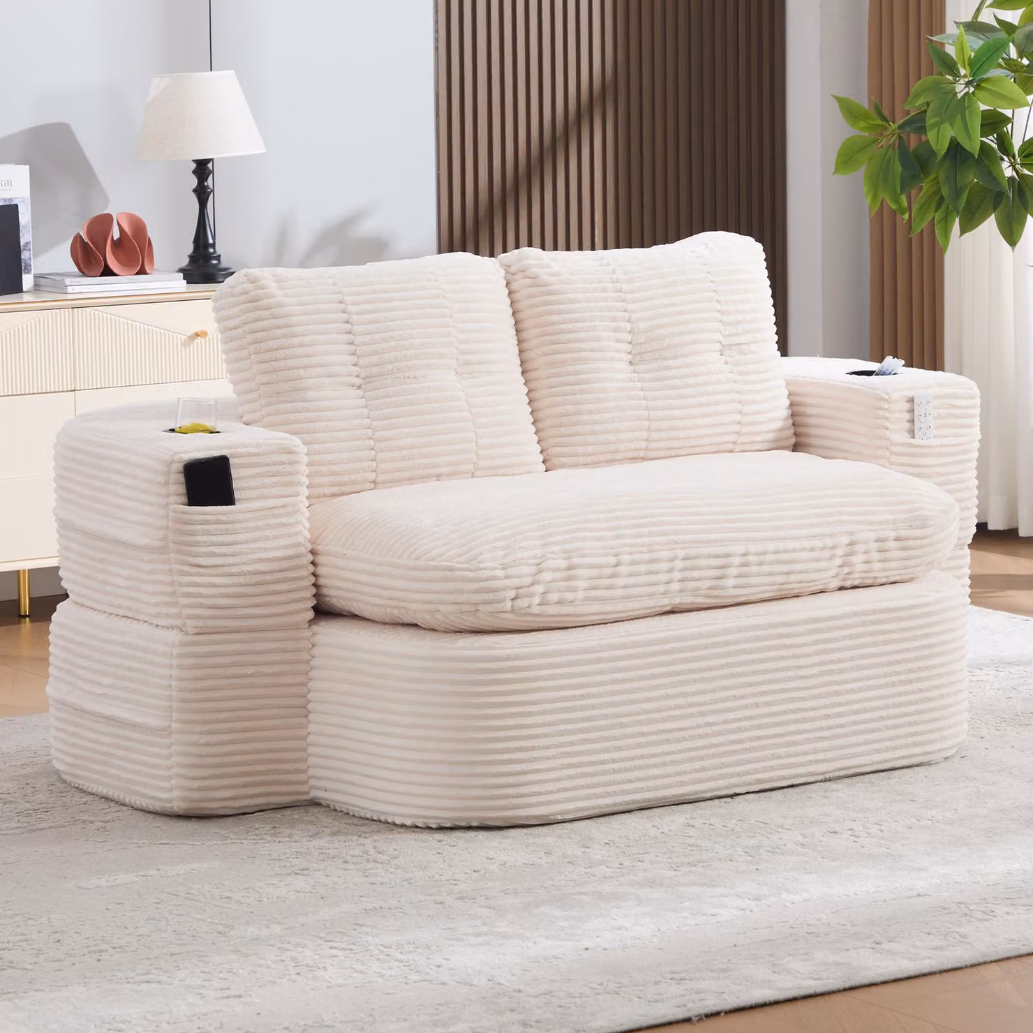 DIVANO MODULARE RELAXSOFA MODFU, rivestito in tessuto cordato, trasformabile in un divano lounge 2-in-1 con funzione relax, dotato di due portabicchieri e seduta particolarmente profonda, colore beige