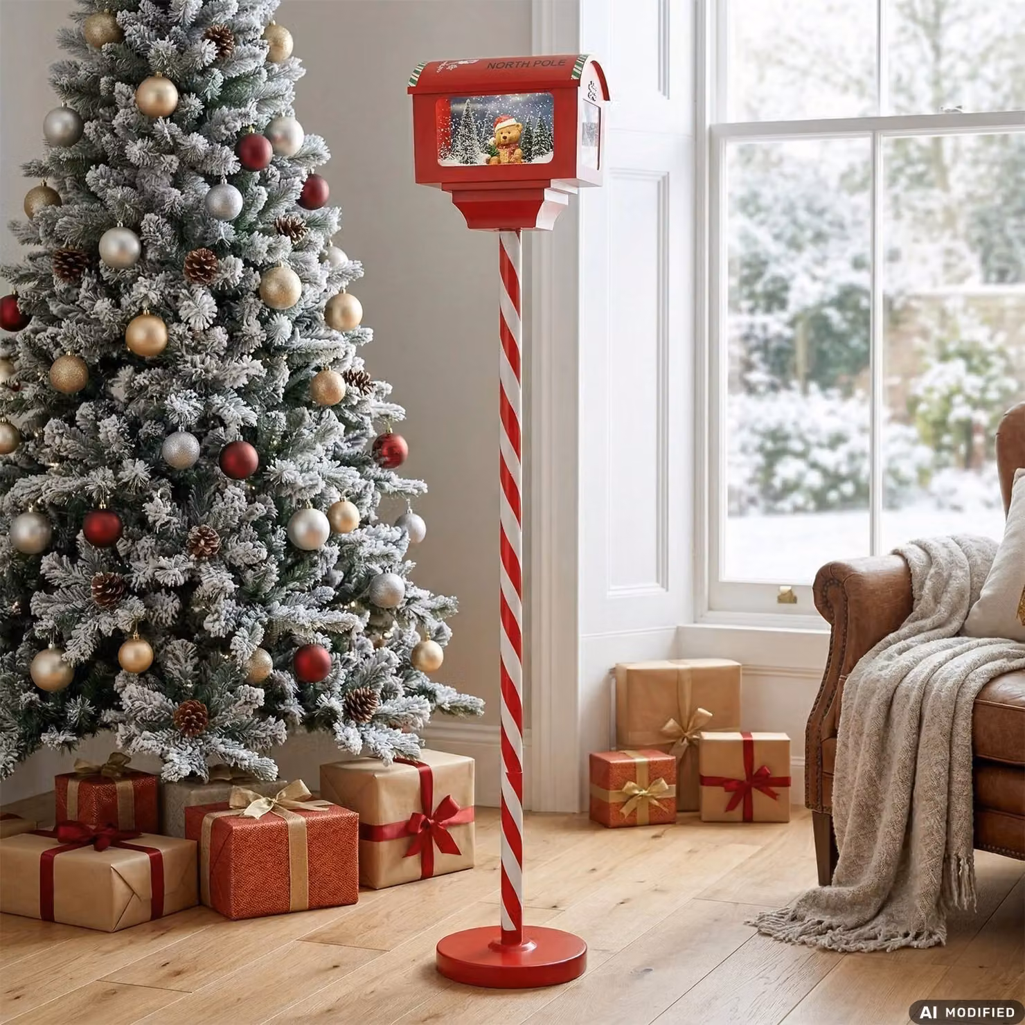 Cassetta Postale Natalizia Luminosa con Orsetto, Effetto Neve e Musica Santa North Pole di VESTIAMO CASA, Colore Rosso, H 150 x L 27 x P 20 cm – 2