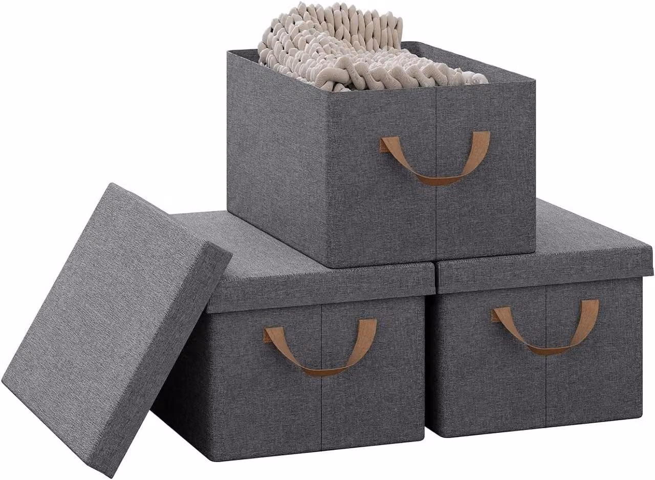 Set di 3 contenitori pieghevoli con coperchio e maniglie, colore grigio, dimensioni 38x27x20 cm