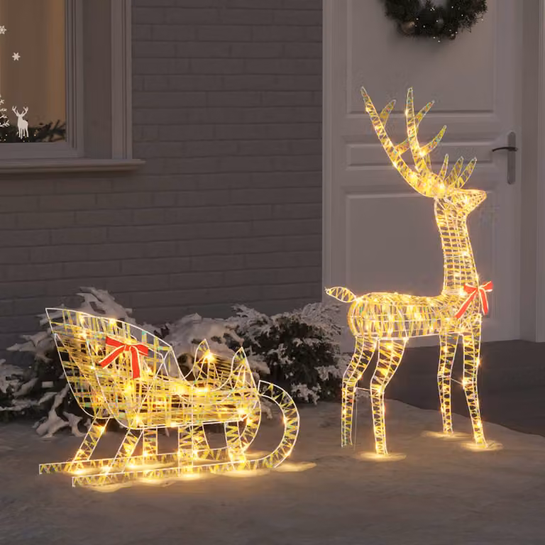 Slitta trainata da renna vidaXL con luci LED, Bianco caldo, L 70 x P 26 x H 129 cm