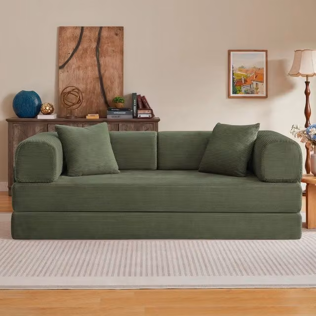 Divano letto ¨C Minimal ¨C Tessuto, beige, 190x140x65cm, con 2 cuscini, struttura in acciaio