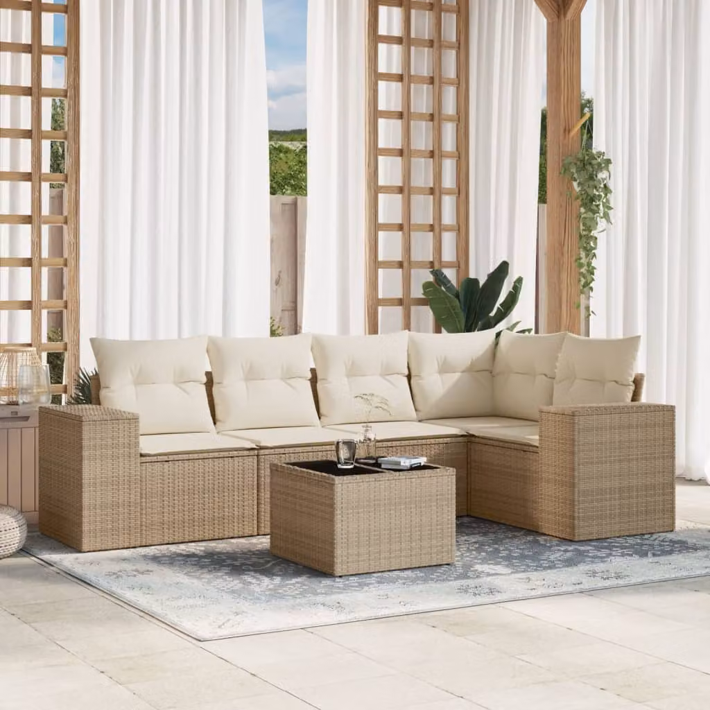Set Divano da Giardino vidaXL 6 pz in Polyrattan con Cuscini Beige e Tavolino – 1