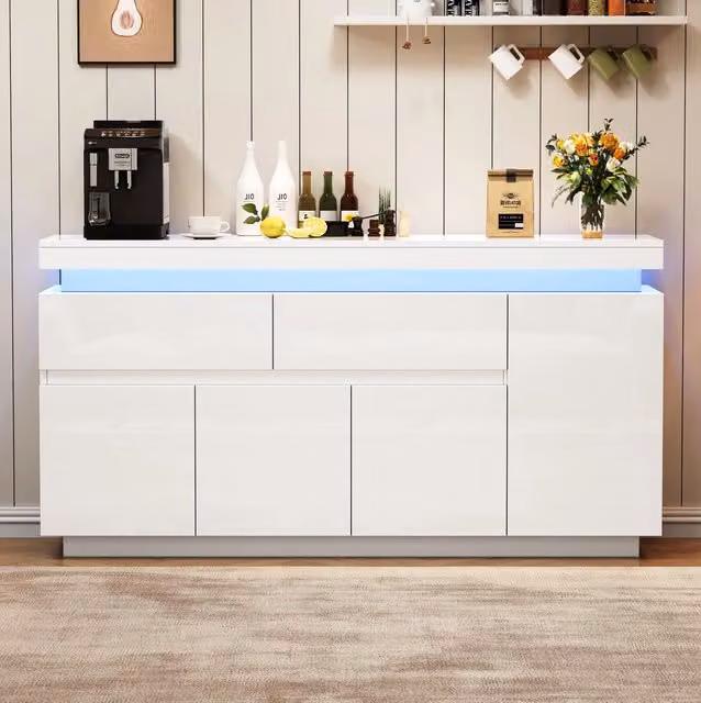 Madia 140x35x72;5 cm con 2 cassetti; 4 ante; LED e ripiani regolabili; bianco