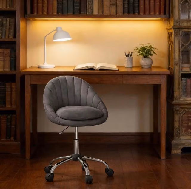 Sedia da ufficio ergonomica moderna in velluto grigio con base in metallo e ruote girevoli a 360 gradi – 1