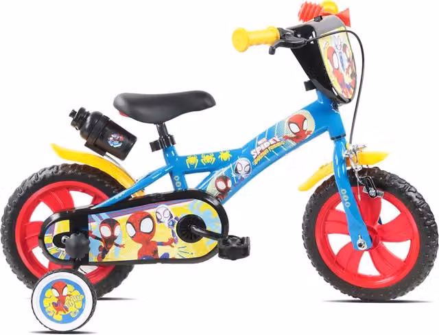 Bicicletta per bambini Marvel Spiderman 12 pollici con freno caliper e stabilizzatori in acciaio Hi-Ten colore azzurro