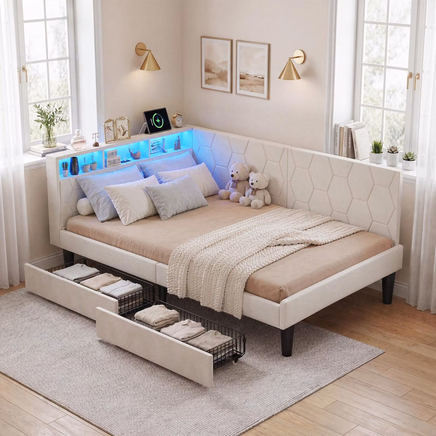 Letto imbottito 90x200 cm, color beige, con cassetti contenitori, struttura in velluto con sistema LED, presa USB, letto matrimoniale imbottito con rete a doghe, ideale per camere da letto e camere dei ragazzi