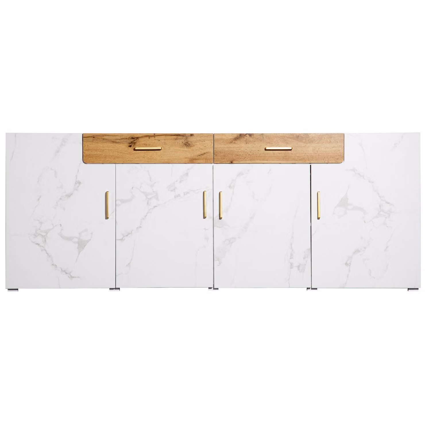 Credenza Aosom Bianca e Rovere con Design Moderno in Marmo, Mobile Basso per Cucina o Soggiorno con 4 Ante e 2 Cassetti, L: 208 cm, P: 39.5 cm, H: 80 cm – 2