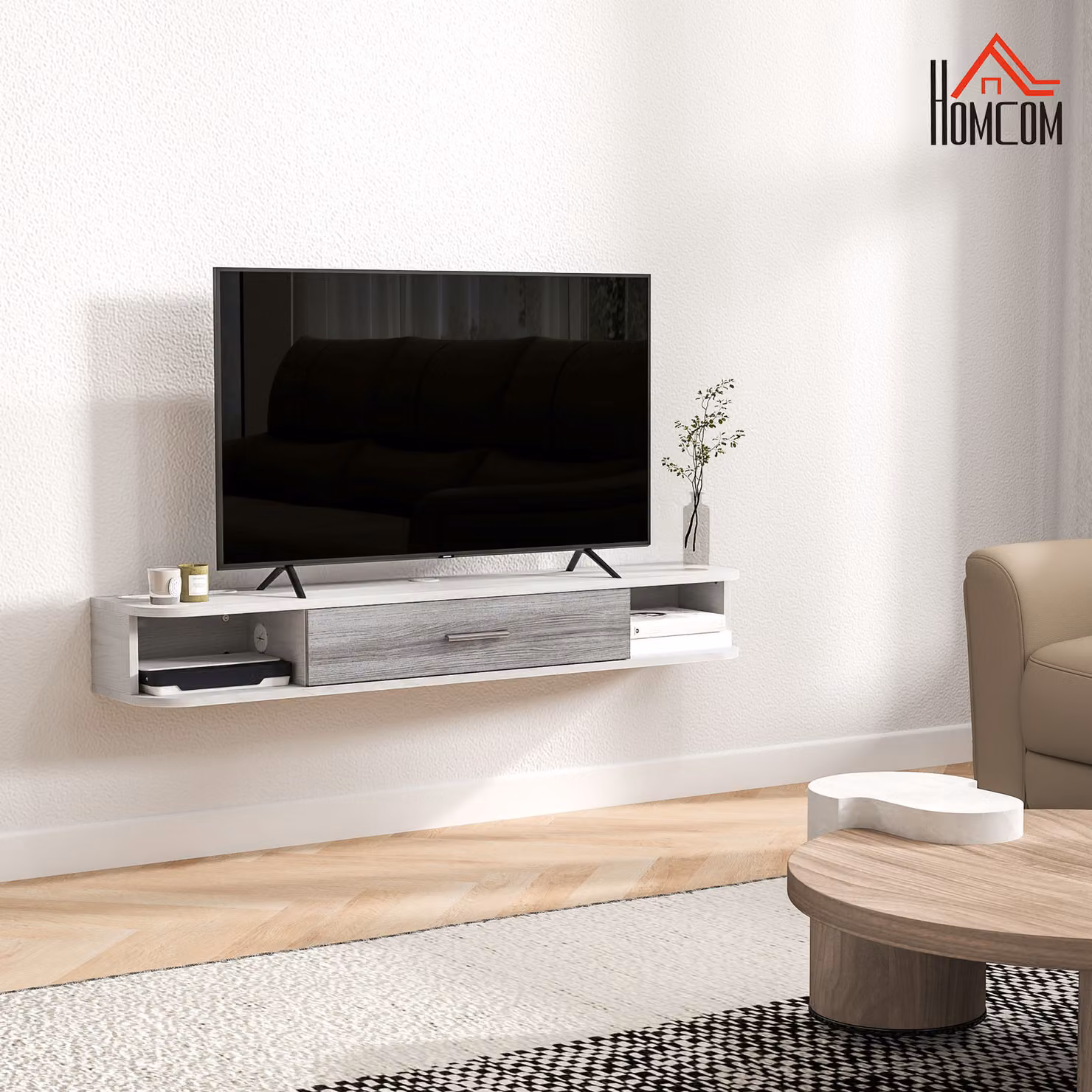 Mobile TV sospeso HOMCOM in legno con 2 ripiani aperti e armadietto, Bianco e Grigio, L: 120 cm, P: 26 cm, H: 16 cm – 2
