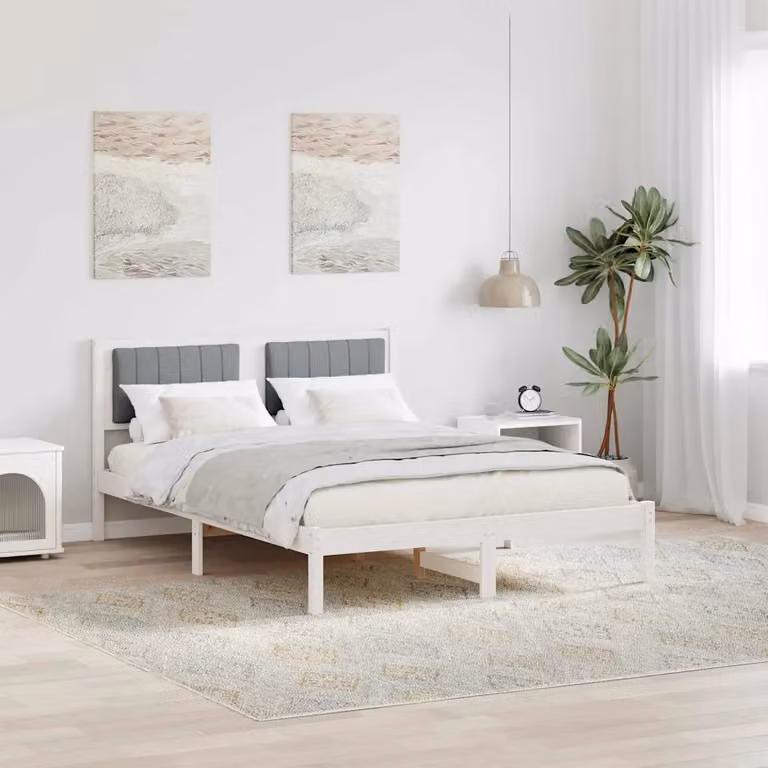 Letto con Testiera Rivestita vidaXL in Legno di Pino e Tessuto Grigio Chiaro L: 140,5 cm, P: 195,5 cm, H: 85,5 cm