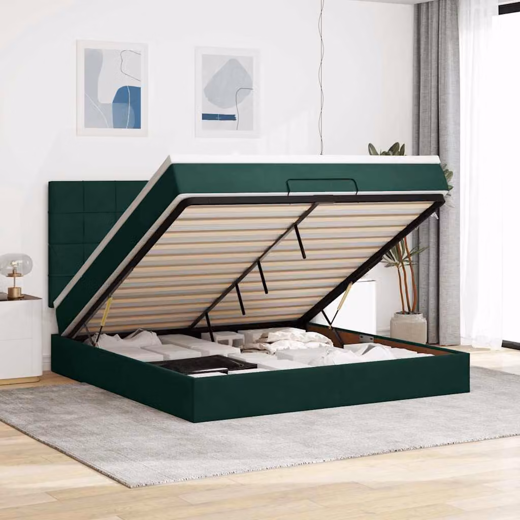 Letto con contenitore e materasso vidaXL in velluto verde e bianco, con base a sollevamento, illuminazione sottostante e porta USB, L/P/H: 203 x 160 x 128 cm