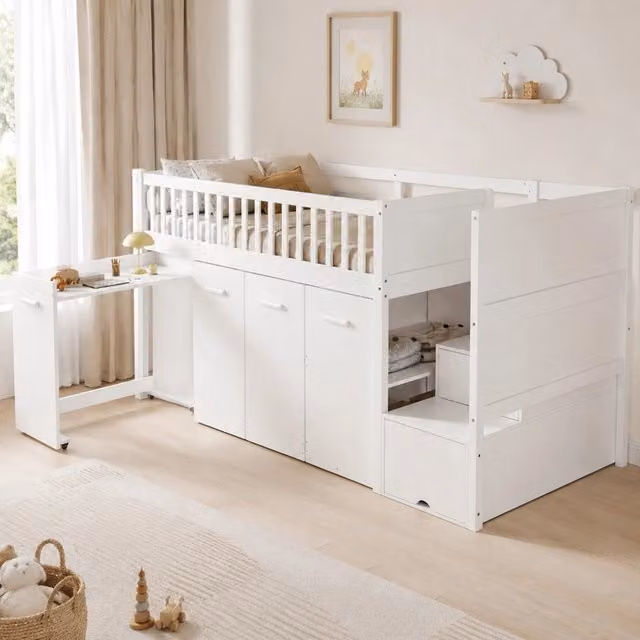 Letto a soppalco Mivray bianco con scrivania estraibile, armadi, vani contenitore e scala laterale, L/P/H: 200 x 90 x 254 cm