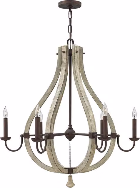 Lampadario Industrial Nordico Middlefield Acciaio Ferro Ruggine Legno 6 Luci E14
