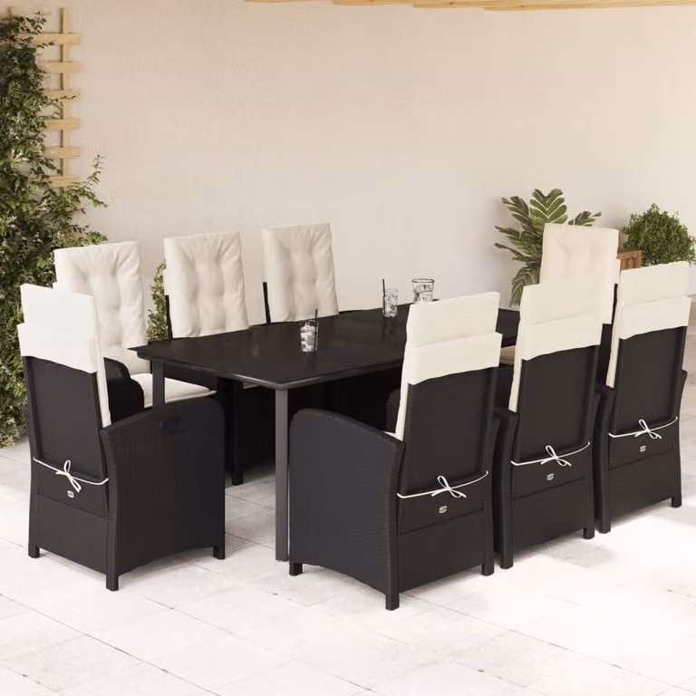 Set da pranzo da giardino vidaXL in polyrattan nero con cuscini e tavolo in vetro, 9 pezzi