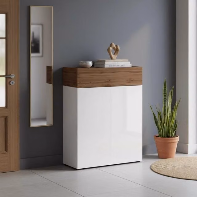 Scarpiera Nala DMORA, Armadio porta scarpe moderno con ante a ribalta, Bianco e Rovere, L: 76 cm, P: 38 cm, H: 100 cm – 1