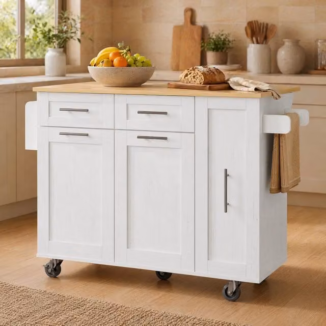 Isola Cucina Multifunzionale con Piano MDF Effetto Legno, Carrello da Cucina bianco con Ripiani Estensibili e Ruote Fissabili, 110x46x90,5 cm