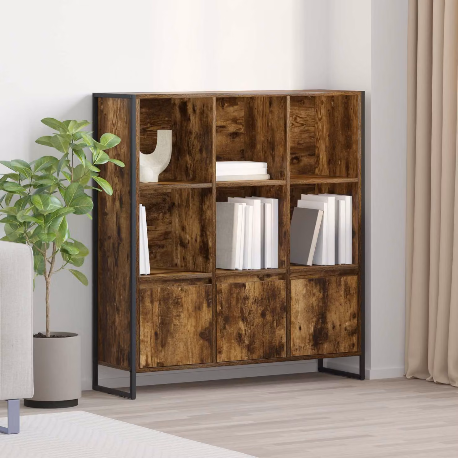 Armadio per Libri Industrial vidaXL in Legno e Metallo, Colore Rovere Opaco, L: 99,5 cm, P: 30 cm, H: 108 cm – 1