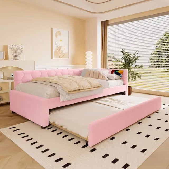 Letto per bambini 90x200 cm; divano letto con rete a doghe; letto imbottito in bouclé rosa con secondo letto estraibile