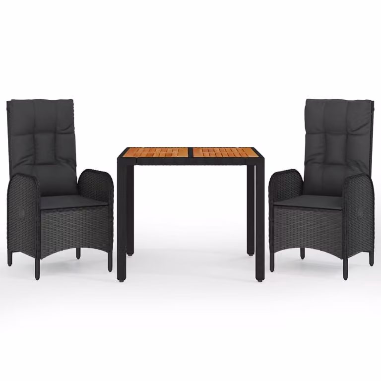 Set da Pranzo da Giardino 3 pz con Cuscini Nero in Polyrattan