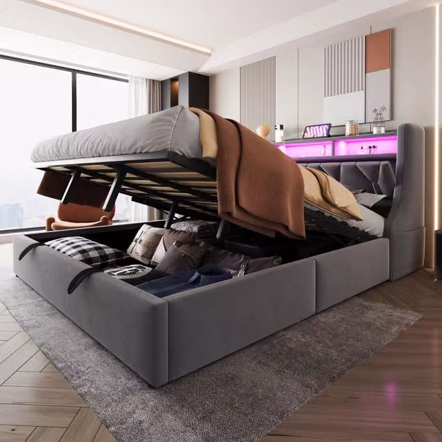 Letto Contenitore REDOM in Velluto Grigio con Testiera Reclinabile, Illuminazione LED, Porta USB e Ripiano Integrato L/P: 180 x 200 cm