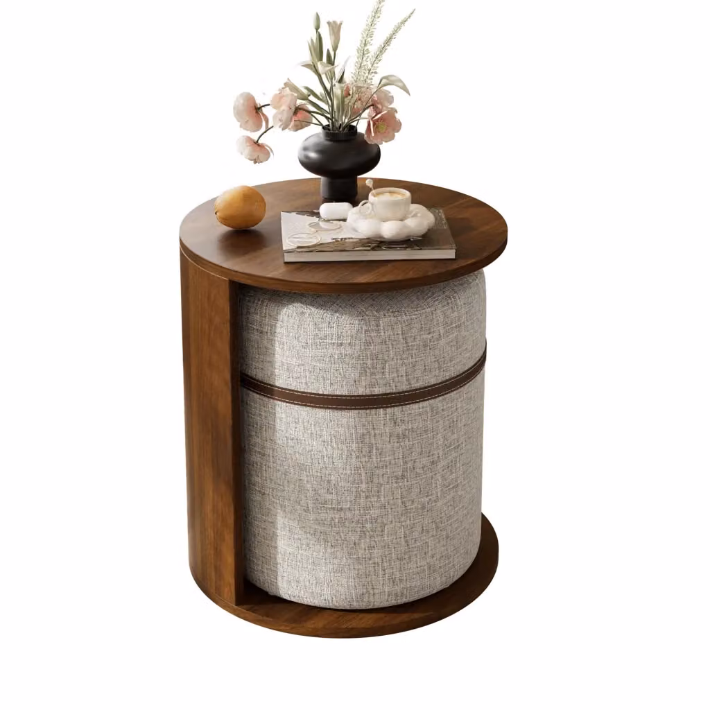 Set tavolino da caffè rotondo e sgabello Minimal in MDF effetto legno pino marrone per soggiorno e ufficio – 2