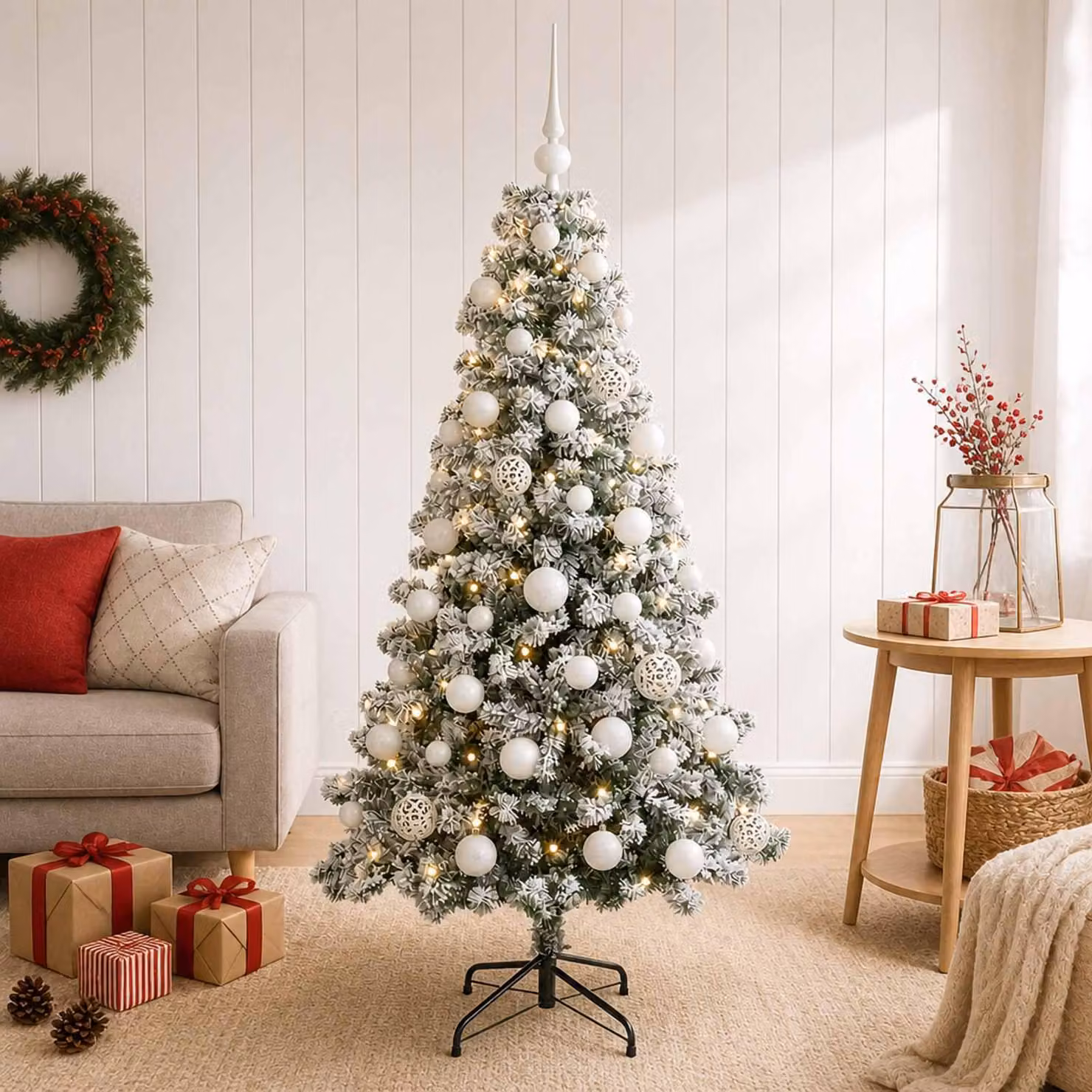 Albero di Natale artificiale con decorazioni a sfera, altezza 120 cm, 150 luci LED