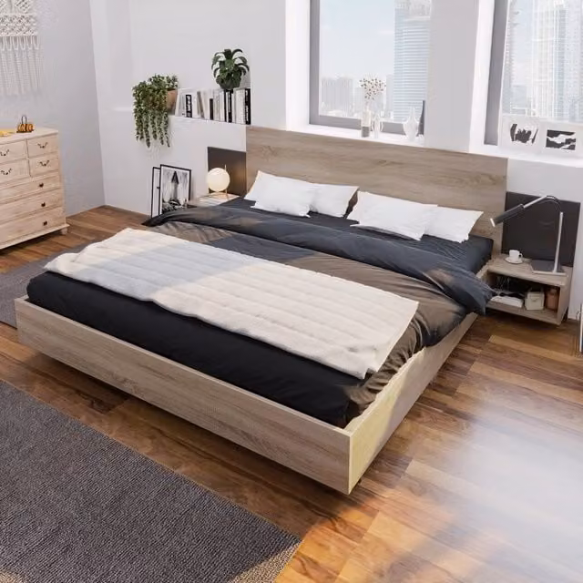 Letto Matrimoniale in Legno con 2 Comodini ¨C MINIMAL ¨C Rovere Sonoma/Grigio Scuro 160x200