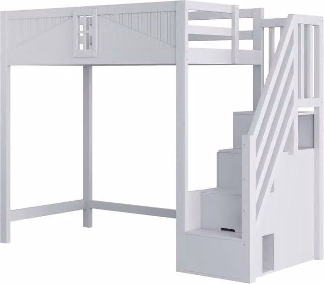 Letto a soppalco in legno massello 90x200 cm con scala laterale reversibile, porta di sicurezza con finestra, grigio