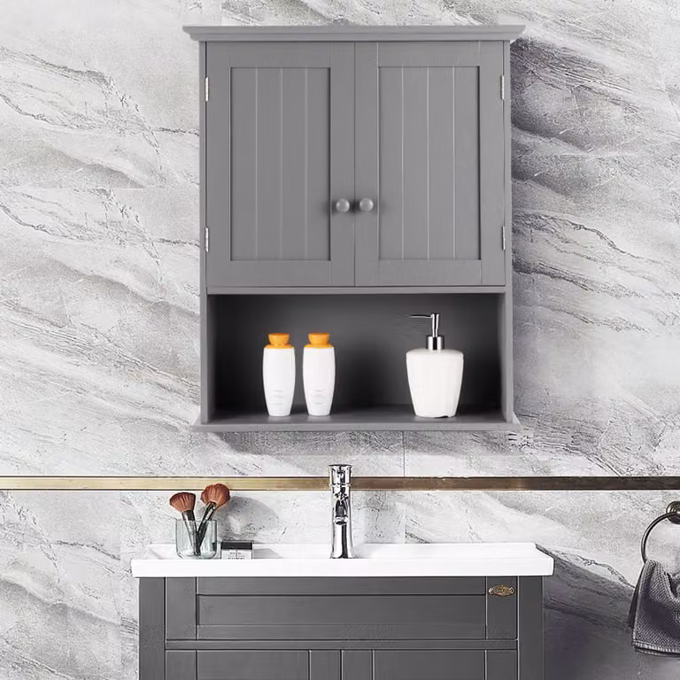 Armadietto da bagno e ingresso Costway con doppia anta e mensola interna regolabile, modello moderno, Grigio