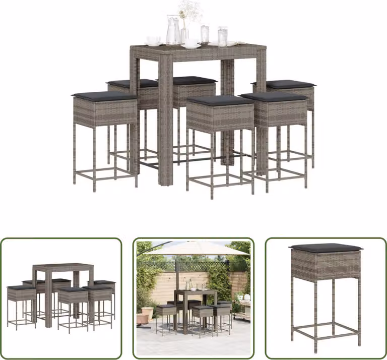 The Living Store Set bar da giardino 7 pezzi con cuscini in poly rattan grigio