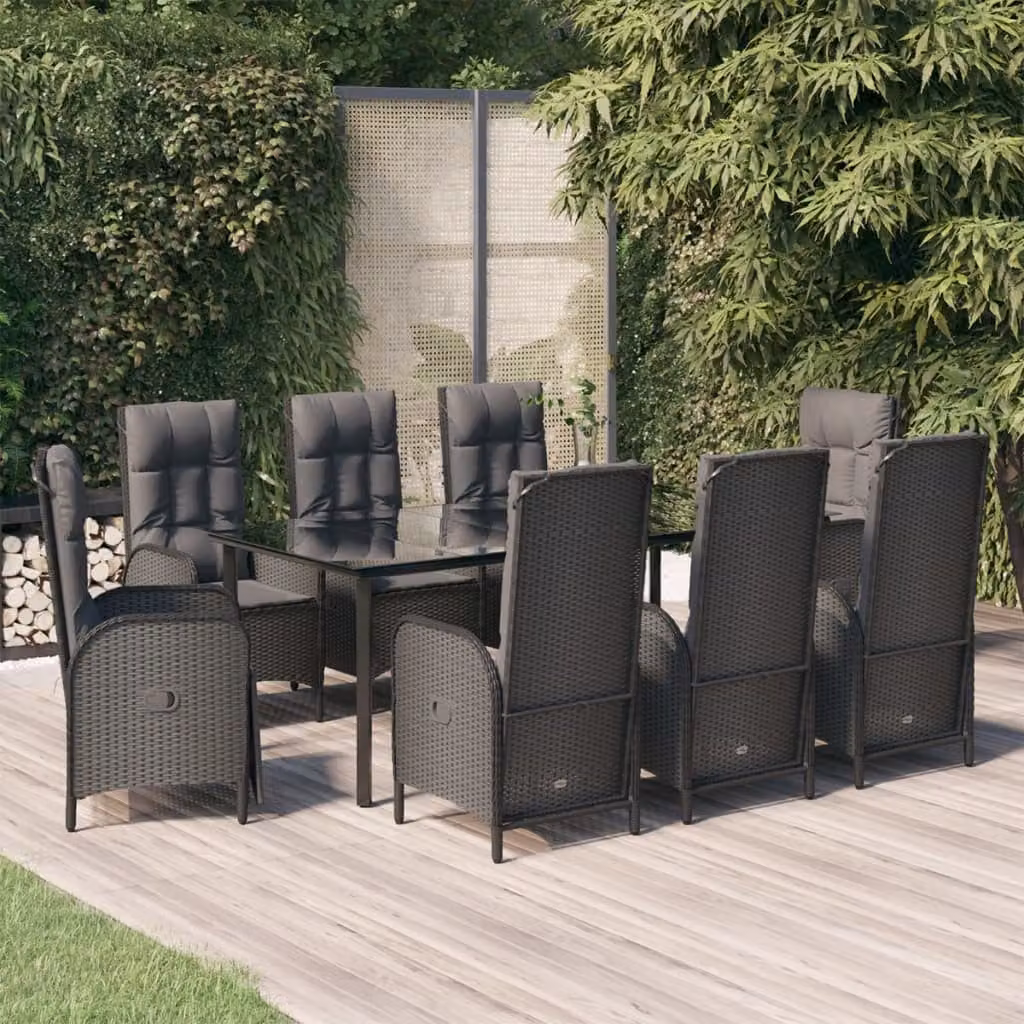 Set da pranzo da giardino vidaXL in polyrattan nero con 9 pezzi e cuscini