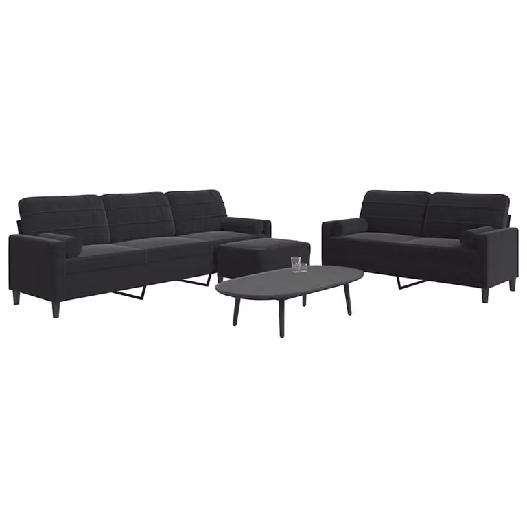 Set di Divani 3 Pezzi vidaXL in Velluto Nero con Pouf e Cuscini, Design Moderno con Struttura in Metallo