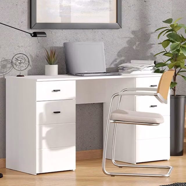 Scrivania Ziro DMORA con cassettiera, design moderno, Bianco Opaco, L: 140 cm, P: 50 cm, H: 77 cm