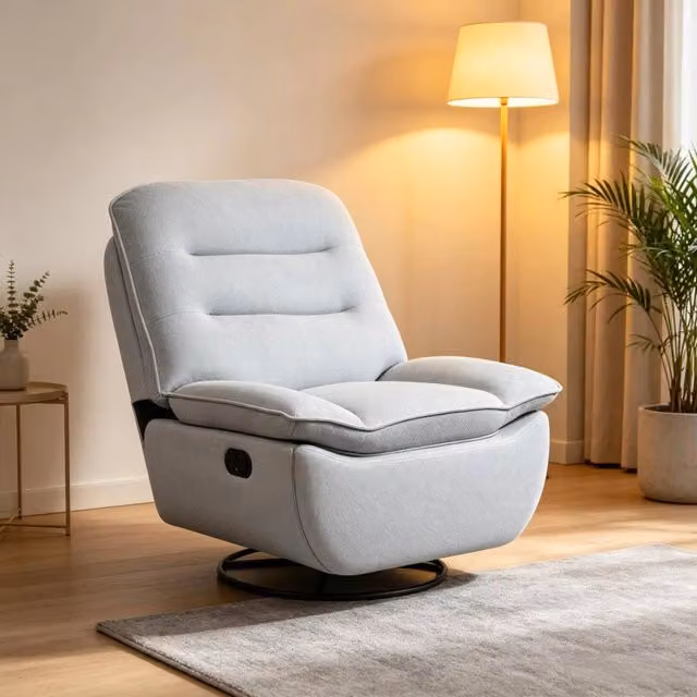 Poltrona reclinabile 95x49.5x106 cm girevole e a dondolo in tessuto effetto lino azzurro chiaro