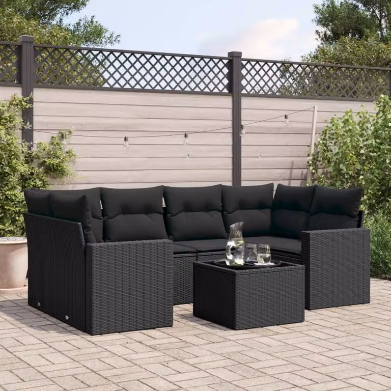 vidaXL Set Divano da Giardino a L con 7 Cuscini in Polyrattan e Metallo Nero